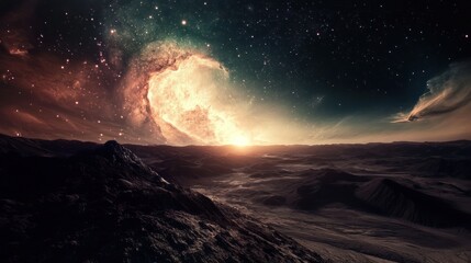 A Rocky Alien Landscape with a Starry Sky and a Rising Sun
