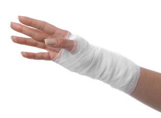 Woman with medical bandage on wrist against white background, closeup