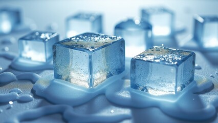 Close-up of ice cubes floating in a glass of water with condensation and bubbles	