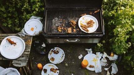 Leftover Food and Dirty Dishes After a Backyard Barbecue