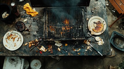 A Charcoal Grill with Smoldering Coals and Leftover Food Debris