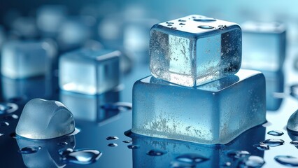 Close-up of melting ice cubes with water droplets on a reflective wet surface	