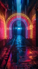 Fototapeta premium Neon Lit Alleyway Illuminating a Mysterious Urban Passage with Vibrant Rainbow Arches