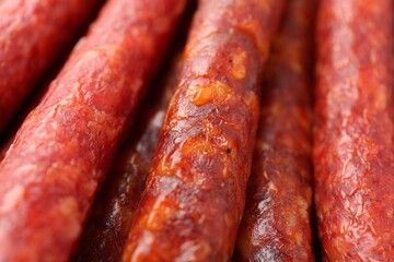 Different tasty smoked sausages as background, closeup
