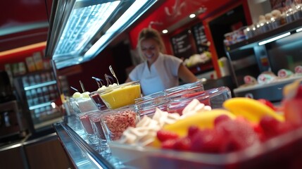 Fototapeta premium Delicious Frozen Yogurt Parfaits and Fresh Fruit in a Modern Cafe