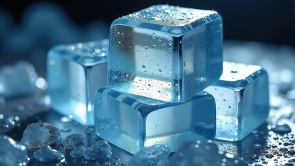 Close-up of melting ice cubes with water droplets on a reflective wet surface	