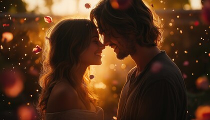 Valentine Romantic Couple Embracing Golden Sunset Light with Rose Petals