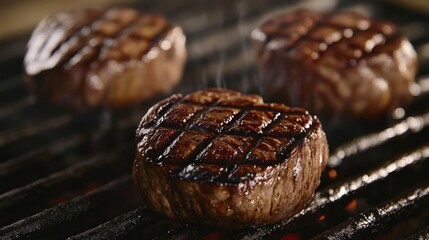 Close-up of Three Juicy Steaks Grilling on a Black Grill