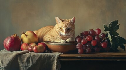 Still Life with Ginger Cat, Fruit, and Grapes