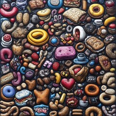 Food collage painting, studio shot, dark background, diverse snacks, advertisement