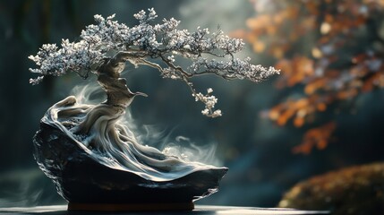 Bonsai Tree with Smoke Rising from its Roots