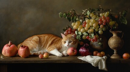 Still Life with a Cat, Grapes, Pomegranates, Peaches, and a Jug