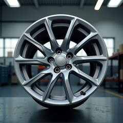 A silver alloy wheel with 10 spokes and a central hub, set against a blurred background