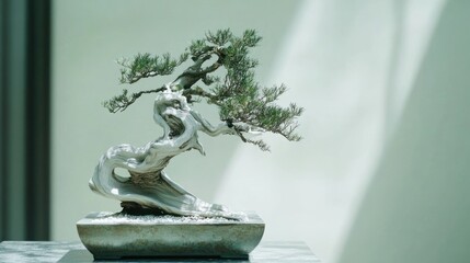 A Bonsai Tree with Twisted Trunk and Green Foliage in a Shallow Pot