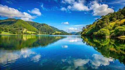 Obraz premium Serene waters of the lagoon reflecting the blue sky and greenery of the surrounding hills