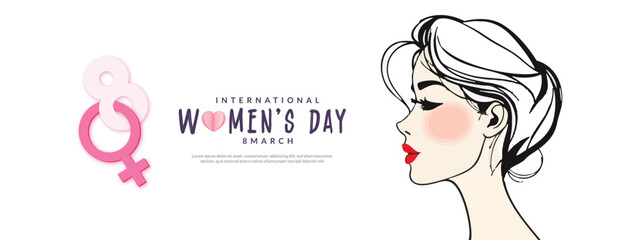 Beautiful happy women's Day wishing or greeting  card 8 march long banner poster with woman with stylish black hair line art template, advertising, female, sign, icon, symbol, 
