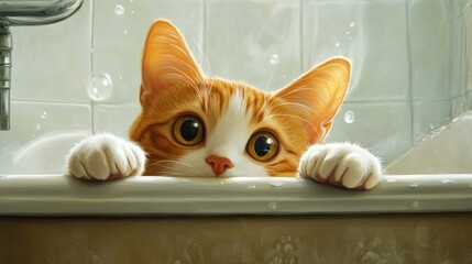 A Curious Orange Tabby Cat Peeking Over the Edge of a Bathtub