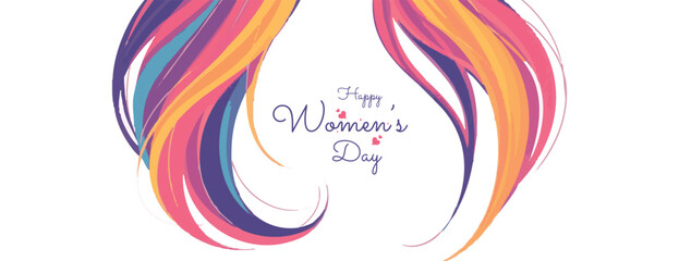Beautiful happy women's Day wishing or greeting  card 8 march long banner poster with woman with stylish Colourful hair template, advertising, female, sign, icon, symbol, 