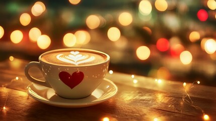 Fototapeta premium Warm latte with heart design, cozy night lights.