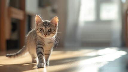 A Tabby Kitten Walking Across a Sunlit Wooden Floor