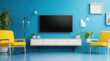 Modern Living Room Interior Design with Yellow Armchairs and Flat Screen TV