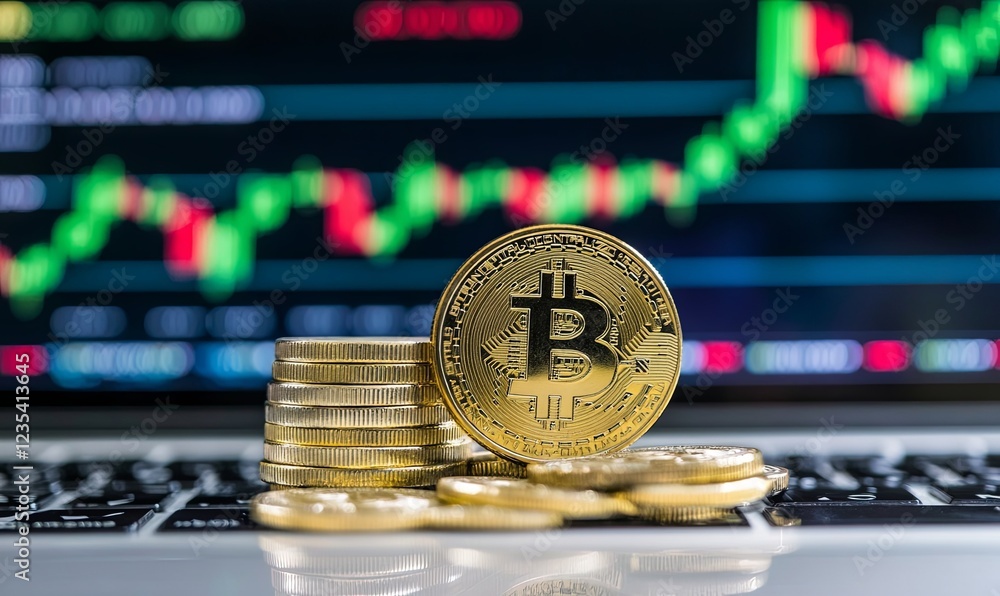 Aufkleber bitcoin cryptocurrency coins on keyboard with trading chart background