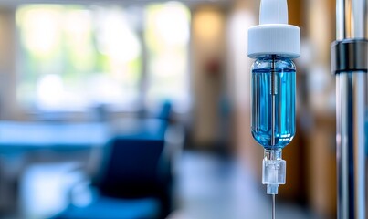 Blue IV drip in hospital room with blurred background, for medical or healthcare use