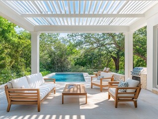 Fototapeta premium Luxurious outdoor patio with modern wooden furniture, pergola, poolside view, and lush greenery perfect for relaxation and entertainment