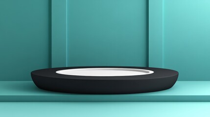 Minimalist Black Circular Display Platform Against Teal Wall