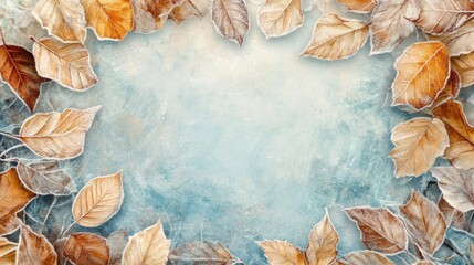 Frosted Autumn Leaves Surrounding a Blue Background