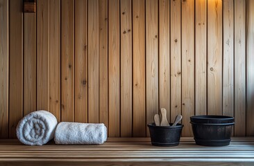 Relaxing wooden sauna interior with folded white towels and rustic buckets on a natural wood bench
