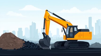Obraz premium Yellow Excavator Operating on Construction Site with Pile of Dirt and Coal Against Urban Skyline
