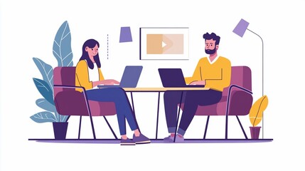 Fototapeta premium Two people sitting at a table working on their laptops in a modern and stylized design