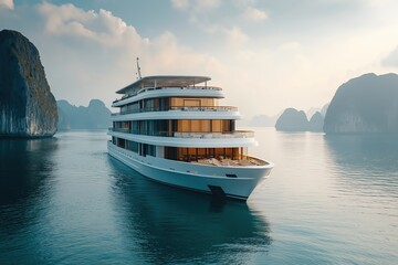 Naklejka premium Luxury cruise ship navigating calm waters in a scenic bay surrounded by karst formations