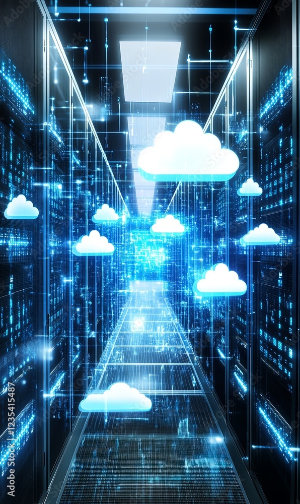 Poster cloud computing data center server room, digital information storage, network technology
