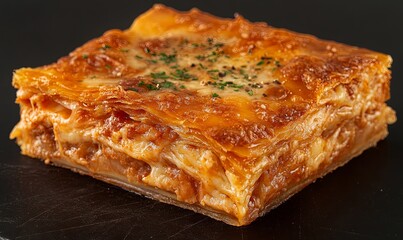 Close-up of lasagna slice on dark background, ideal for restaurant menus