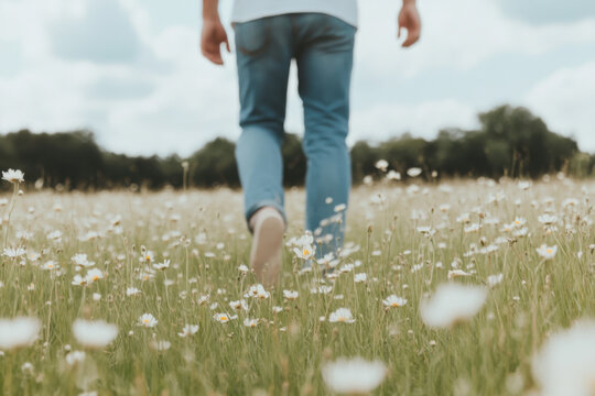 A man walks through a field of white flowers