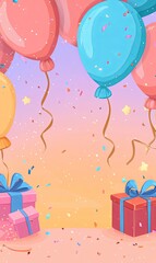 Colorful balloons, gifts, confetti create festive celebration backdrop