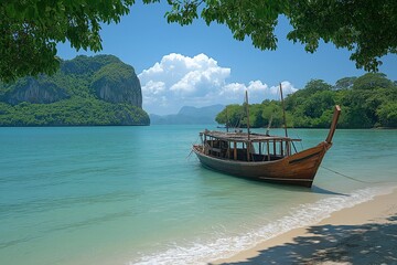 Obraz premium Scenic beach with wooden boat anchored near lush green cliffs under blue sky
