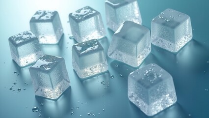 Melting ice cubes with water droplets on a reflective wet surface in cool lighting	