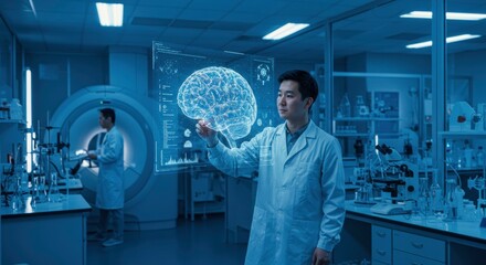 Brain Mapping in Research Lab: A scientist in a research lab examines a holographic projection of a human brain, representing advancements in neuroscience and medical research.