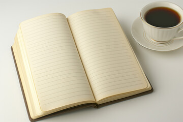 Naklejka premium Open blank notebook mockup with lined pages next to a cup of coffee on a white background