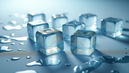 Melting ice cubes with water droplets on a reflective wet surface in cool lighting	