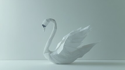 Elegant origami swan in soft white, poised gracefully against a minimalist background.