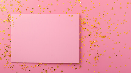 Blank textured card mockup on a vibrant pink background with scattered gold confetti
