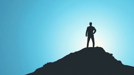 Obraz premium Silhouette of a Businessman Triumphantly Standing on a Mountain Peak