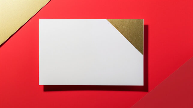 Blank white card mockup on a bold red background with gold accents and geometric design