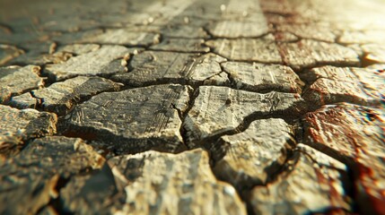 Fototapeta premium Cracked dry earth surface with intricate patterns and textures, showcasing effects of drought and erosion. warm lighting enhances natural details and colors