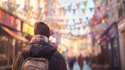 Obraz premium Traveler walking through a lively festival street with colorful banners and glowing lights