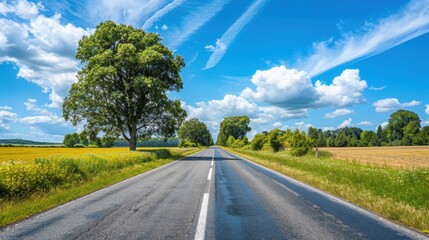 Naklejka premium scenic road stretches through vibrant landscape, flanked by lush trees and fields under bright blue sky with fluffy clouds. peaceful atmosphere invites exploration and adventure